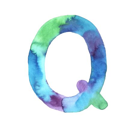 Watercolor hand painted cute alphabet letter Q in bright violet, blue and turquoise colors. Modern trendy lettering element isolated on white. Art symbol perfect for print poster の写真素材