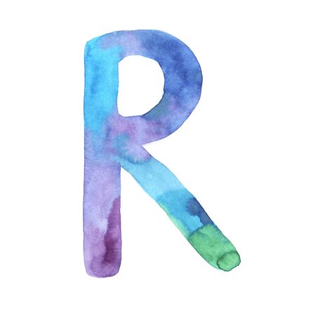 Watercolor hand painted cute alphabet letter R in bright violet, blue and turquoise colors. Modern trendy lettering element isolated on white. Art symbol perfect for print poster の写真素材