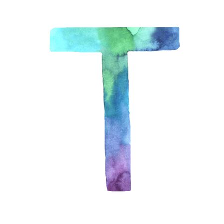 Watercolor hand painted cute alphabet letter T in bright violet, blue and turquoise colors. Modern trendy lettering element isolated on white. Art symbol perfect for print poster の写真素材