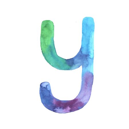 Watercolor hand painted cute alphabet letter Y in bright violet, blue and turquoise colors. Modern trendy lettering element isolated on white. Art symbol perfect for print poster の写真素材