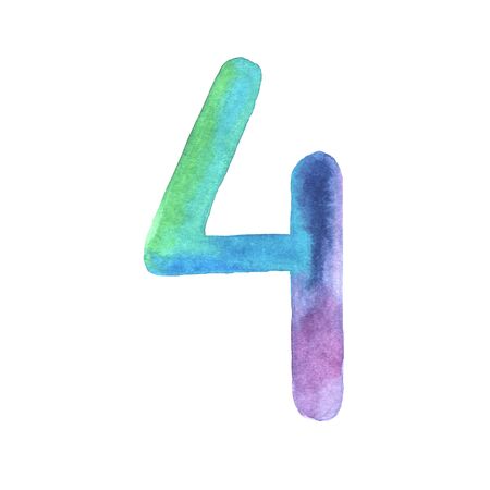 Hand painted watercolor number 4 four element  isolated on white background in bright violet, blue and turquoise colors.Cute school symbol perfect for print posterの写真素材