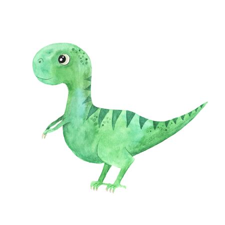 hand painted cute little Dinosaur illustration isolated on white. Cartoon childish prehistoric reptile in green color. Perfect for baby kid nursery print and poster designの写真素材