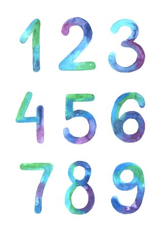 Set of hand painted watercolor numbers from one to nine and zero isolated on white background in bright violet, blue and turquoise colors. Collection of cute school symbols perfect for print posterの写真素材