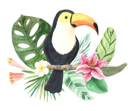 Watercolor hand painted tropical flowers, leaves, plants and toucan composition. Bright jungle exotic bouqoet perfect for summer wedding invitation and party card makingの写真素材