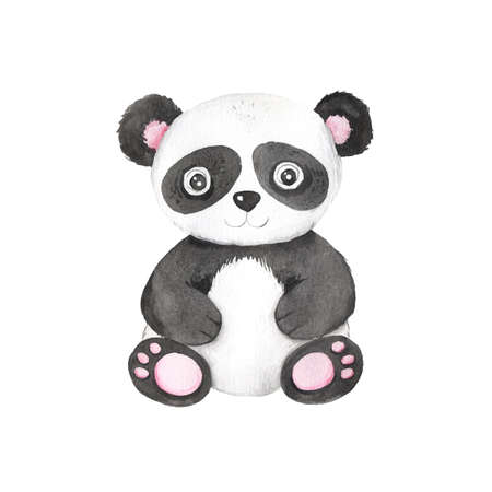 Watercolor cute cartoon panda animal character isolated on white. Hand painted exotic tropical little baby cat perfect for nursery print poster design and baby shower card makingの写真素材
