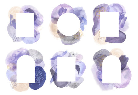 Watercolor hand painted Very Peri frame template isolated on white. Color of the year purple violet creative collage design.の写真素材