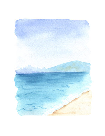Watercolor hand painted blue sea texture. Summer landscape artwork backgroundの写真素材