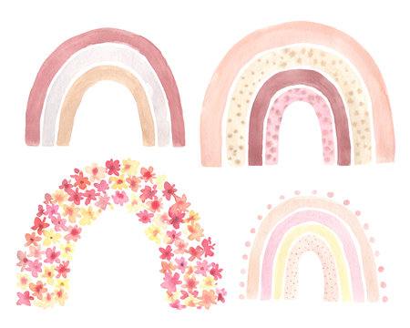 Watercolor freehand aesthetic rainbows in warm pastel colors isolated. Abstract modern baby clipart perfect for nursery printable, fabric textile, card makingの写真素材