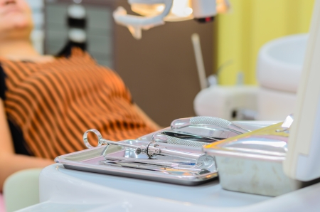 Set of dental tools on stainless steel trayの写真素材