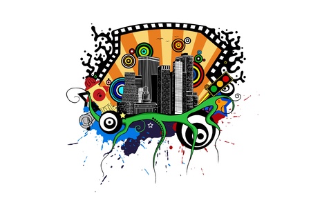 city illustration with colorful elementsのイラスト素材