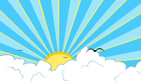 illustration of sunrise with clouds and birdsのイラスト素材