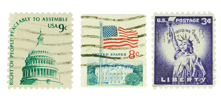 USA, CIRCA 1970  postage stamps depicting the Statue of Liberty, the flag and the Capitol, CIRCA...