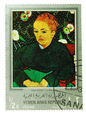 Yemen Arab Republic - CIRCA 1971  postage stamp depicting  La Berceuse  - a painting by Vincent van Gogh, CIRCA 1971 のeditorial素材