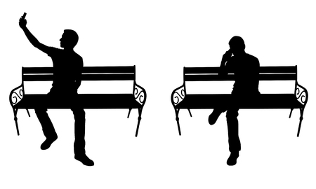 Men with phone on a bench isolated on whiteのイラスト素材