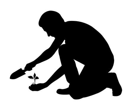 silhouette of man with shovel and seedling in handsのイラスト素材