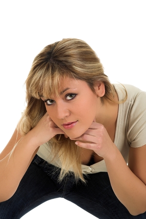 Young beautiful blond girl portrait isolated on white backgroundの写真素材