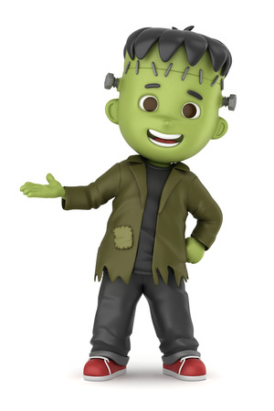 3D render of a boy wearing Halloween Frankenstein costumeの写真素材