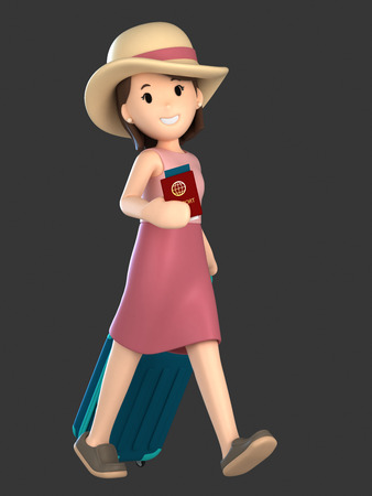 3d render of an adult female with a luggage and passportの写真素材