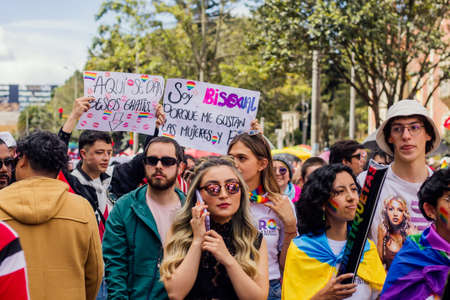 Mass attendance at the BogotÃ¡ LGBT March thousands of people attended to commemorate LGBT pride through the streets of the city, July 3, 2022 BogotÃ¡ Colombiaのeditorial素材