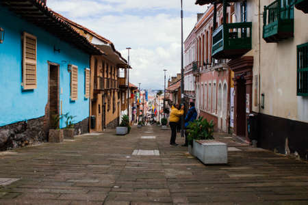 Streets of La Candelaria neighborhood, with buildings from the colonial era, important tourist site of the city, BogotÃ¡ Colombia July 6, 2022のeditorial素材
