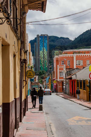 Streets of La Candelaria neighborhood, with buildings from the colonial era, important tourist site of the city, BogotÃ¡ Colombia July 6, 2022のeditorial素材