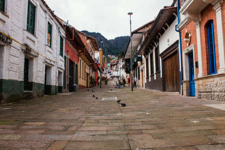 Streets of La Candelaria neighborhood, with buildings from the colonial era, important tourist site of the city, BogotÃ¡ Colombia July 6, 2022のeditorial素材