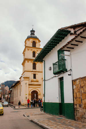 Streets of La Candelaria neighborhood, with buildings from the colonial era, important tourist site of the city, BogotÃ¡ Colombia July 6, 2022のeditorial素材