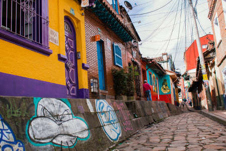 Chorro de Quevedo square, place of recreation in the colonial neighborhood La Candelaria, BogotÃ¡ Colombia June 6, 2022のeditorial素材