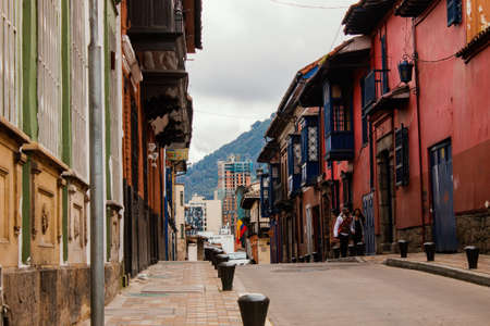 Streets of La Candelaria neighborhood, with buildings from the colonial era, important tourist site of the city, BogotÃ¡ Colombia July 6, 2022のeditorial素材