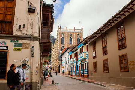 Streets of La Candelaria neighborhood, with buildings from the colonial era, important tourist site of the city, BogotÃ¡ Colombia July 6, 2022のeditorial素材