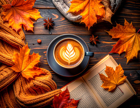Cozy autumn flat lay with a cup of coffee, an open book, and a warm knitted scarf.の素材