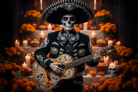 Skeleton Mariachi with sugar skull makeup playing guitar in front of a Day of the Dead altar.の素材