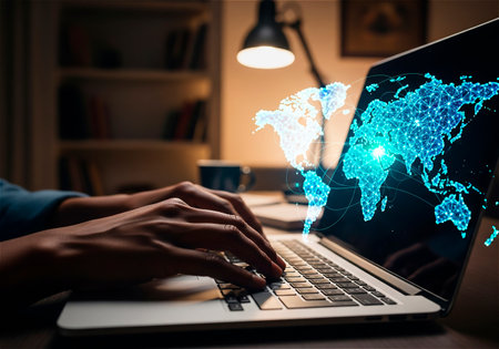AI Generated: Cinematic photo of hands on a laptop reflecting a global network.の素材