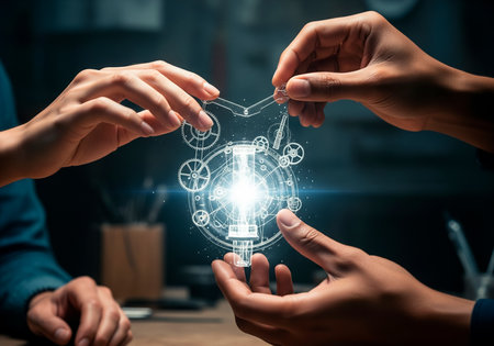 AI Generated: Cinematic photo of hands building a glowing mechanismの素材