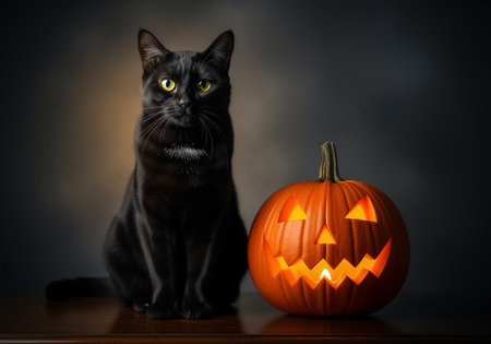 Black cat with Halloween pumpkin on a dark background. halloween conceptの素材