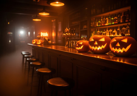 Realistic Halloween Bar Interior with Pumpkins and Fogの素材