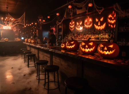 Realistic Halloween Bar Interior with Pumpkins and Fogの素材