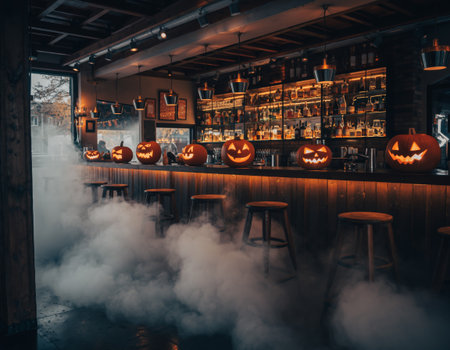 Realistic Halloween Bar Interior with Pumpkins and Fogの素材