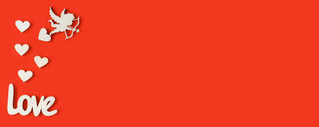 The inscription love and white hearts, Cupid with an arrow on a red background. Banner. Valentine...