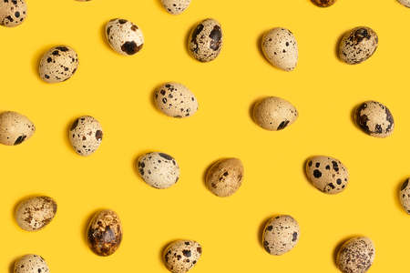 Quail eggs on a yellow background pattern. Spring abstract background.の写真素材