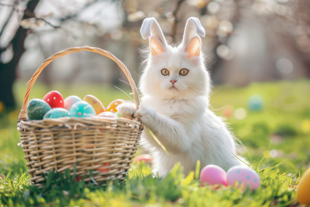 White fluffy kitten with Easter eggs in basket on green grass in spring gardenの素材