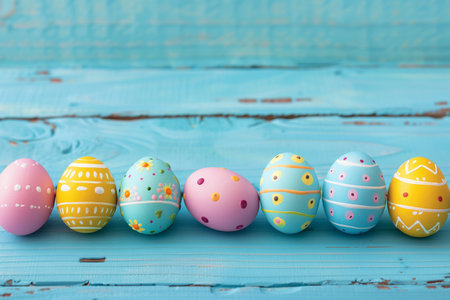Colorful easter eggs on blue wooden background with copy space.の素材