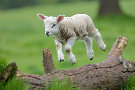 Cute lamb jumping over a log in a green meadow.の素材