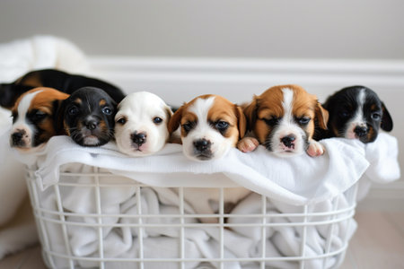 Cute Beagle puppies in basket on white background, closeupの素材