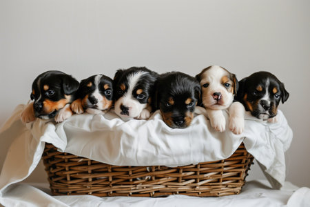 Adorable puppies of cavalier king charles spaniel in a basketの素材