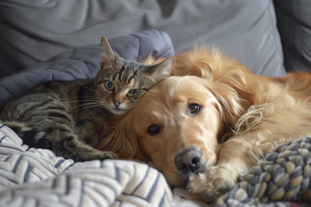 Cute Golden Retriever dog with cat lying on sofa at homeの素材