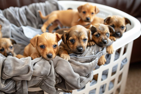 Puppies in a basket, close-up, selective focusの素材