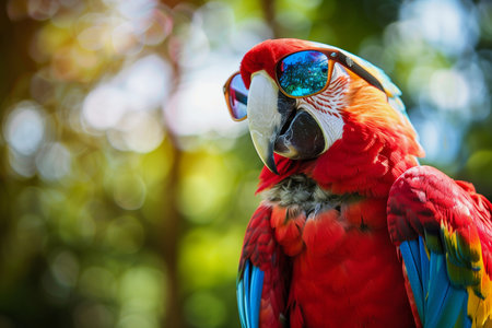 beautiful Scarlet macaw parrot with sunglasses in the park.の素材