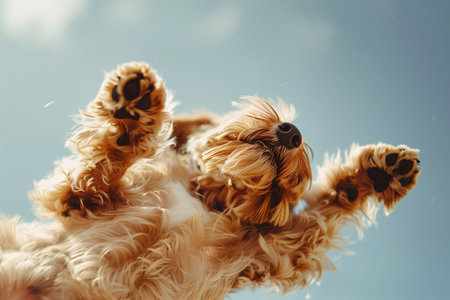Portrait of a cute dog. Yorkshire Terrier on a background of blue skyの素材
