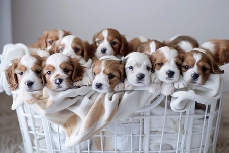 Cavalier King Charles Spaniel puppies on the white basket.の素材